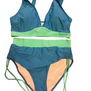 Teal Green High Waisted Ruched String Bikini Swimsuit